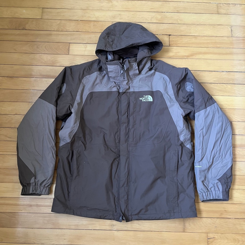 The North Face HyVent Hooded Rain Jacket Mens XL Brown Grey Waterproof Shell